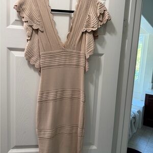 Ronny Kobo Collection Beige Scalloped V-Neck Midi Dress